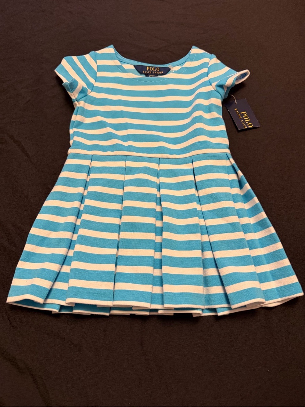 Polo by Ralph Lauren Turquoise & White Striped Pleated Knit Dress